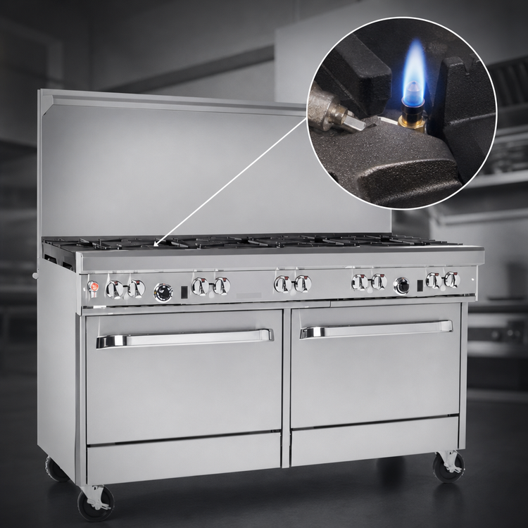 Product image #4 for Ultimate 60-Inch Gas Restaurant Range with 8 Open Burners, Convection Oven, Cabinet Base and Hi-Shelf
