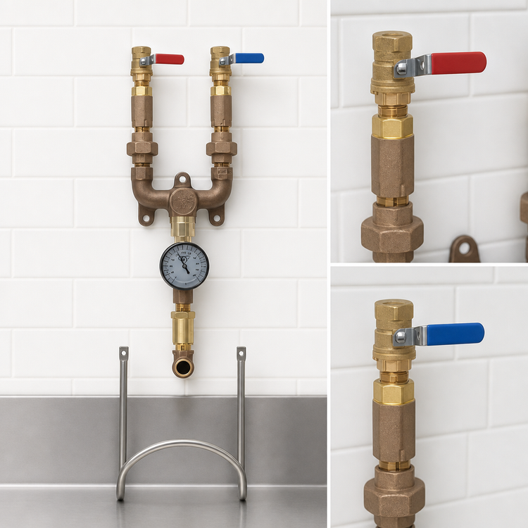 Product image #4 for T&S Brass 3/4 Inch Wall Mounted Washdown Station Mixing Valve Assembly with Thermometer and Hose Rack