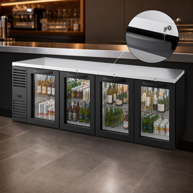Product image #4 for True Premier Bar Four-Section Refrigerated Back Bar Cooler with Locking Glass Doors, 108-Inch, Stainless Steel Top