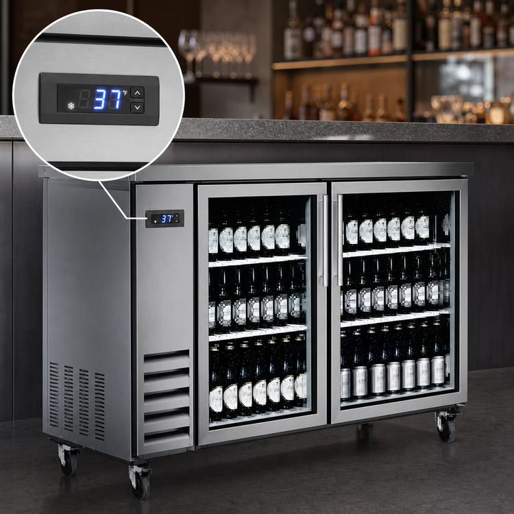 Product image #4 for IKON Refrigeration IBB61-2G-24SS Two-Section Stainless Steel Glass Door Back Bar Cooler, 14.16 Cu. Ft.