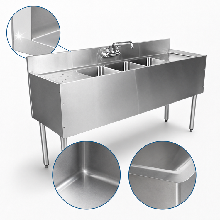 Product image #4 for CHOICE by Glastender Stainless Steel Three Compartment Underbar Sink Unit, 36" W x 24" D, Center Bowl