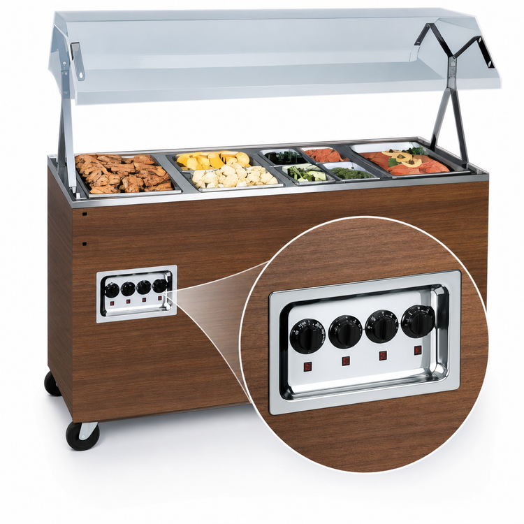Product image #4 for Vollrath 2-Series Affordable Portable 4-Well Mobile Hot Food Station with Lighted Buffet Breath Guard, Open Storage Base, Walnut Woodgrain