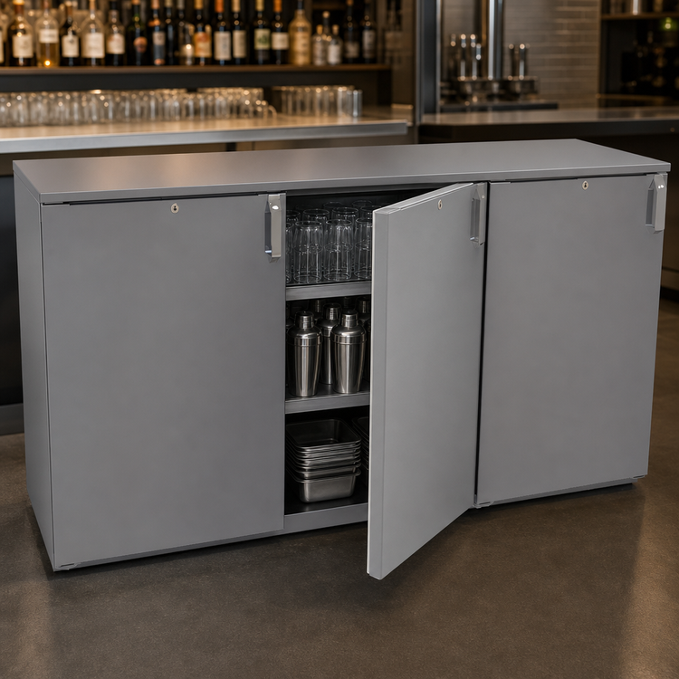 Product image #4 for Glastender 72-Inch Three-Section Non-Refrigerated Back Bar Dry Storage Cabinet with Solid Hinged Doors