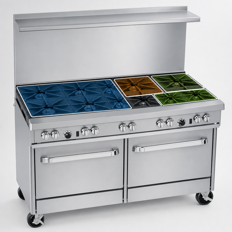 Product image #4 for Southbend Ultimate 60-Inch Commercial Gas Restaurant Range with 9 Open Burners, 2 Cabinets and Hi-Shelf