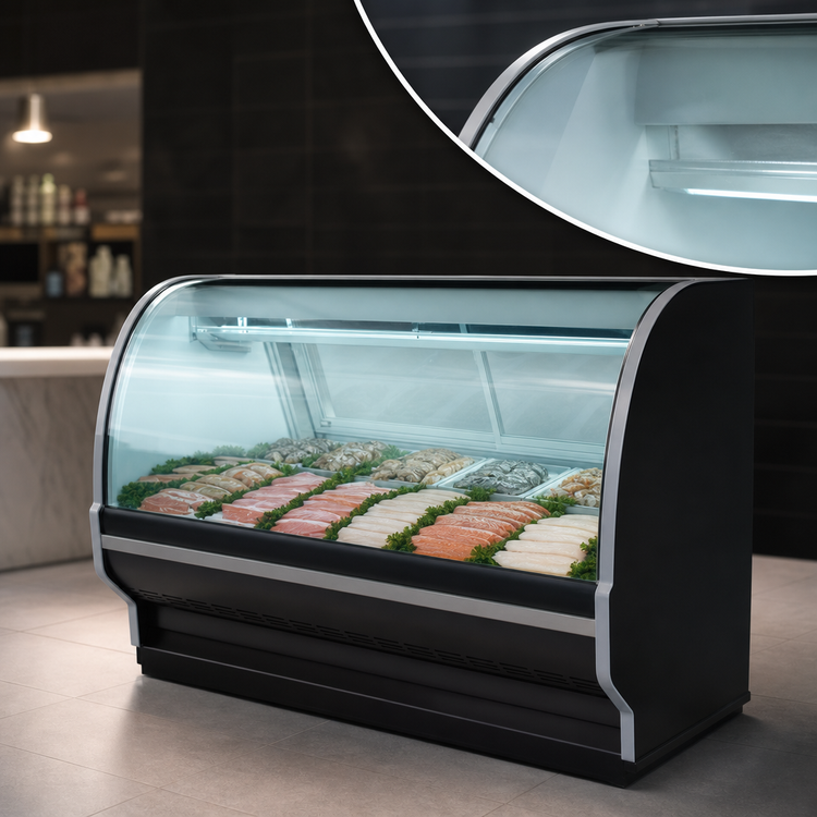 Product image #4 for Howard-McCray 40E Series Remote Curved Glass Fish and Poultry Refrigerated Display Case, 75-1/2 Inch Wide, Black Exterior/White Interior, LED Lighting