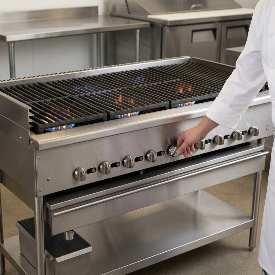 Experience superior culinary control with independently adjustable burners across the 36-inch cooking surface of this gas floor model chicken broiler.