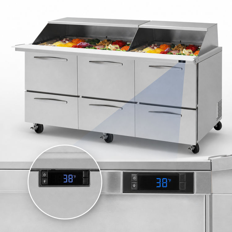 Product image #4 for Turbo Air PRO Series 72-5/8 Inch 3-Section Mega Top Sandwich/Salad Prep Table with 6 Drawers and Slide Lids