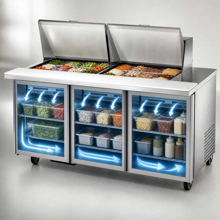Product image #4 for True Mega Top 3-Door Self-Contained Sandwich/Salad Prep Table with 24 Pan Capacity