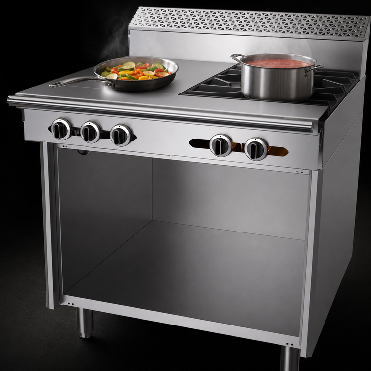 Product image #4 for Garland Cuisine Series 36-Inch Heavy Duty Natural Gas Combination Top Range with 2 Open Burners, 18-Inch Front-Fired Hot Top, and Open Cabinet Base