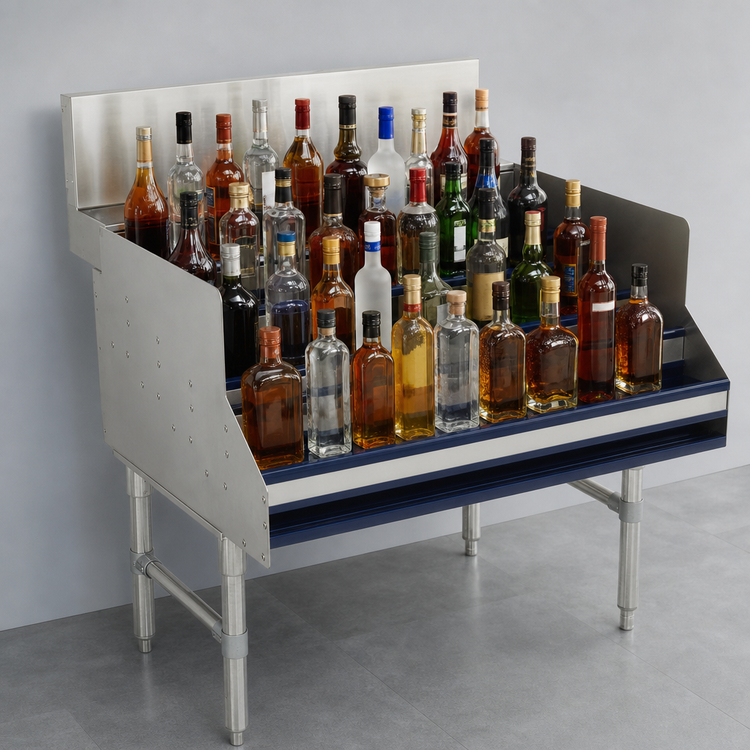 Product image #4 for Advance Tabco Prestige 5-Step Freestanding Stainless Steel Liquor Bottle Display Unit, 24 x 30 x 36 Inches, Approx. 30-Bottle Capacity