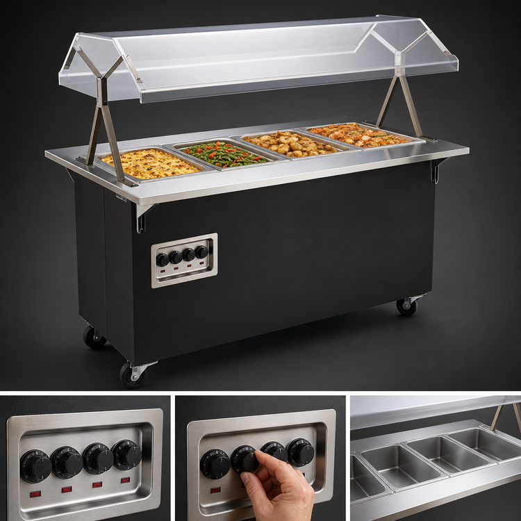 Product image #4 for Vollrath 2-Series Affordable Portable 4-Well Mobile Hot Food Station with Buffet Breath Guard, Lights, and Enclosed Storage Base