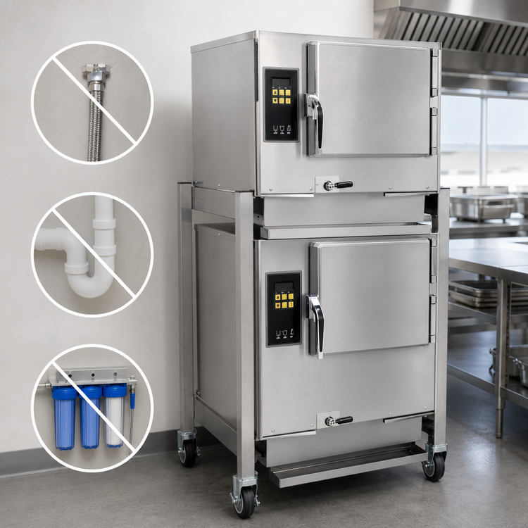 Product image #4 for AccuTemp Evolution Double-Stacked Connectionless Boilerless Convection Steamer, 3-Pan/6-Pan, Natural Gas, Stand-Mounted