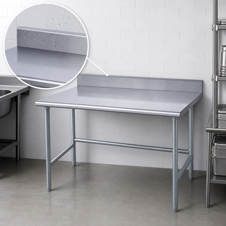 Product image #4 for Advance Tabco TKAG-369 108-Inch Wide 16-Gauge 430 Stainless Steel Work Table with 5-Inch Backsplash and Galvanized Base