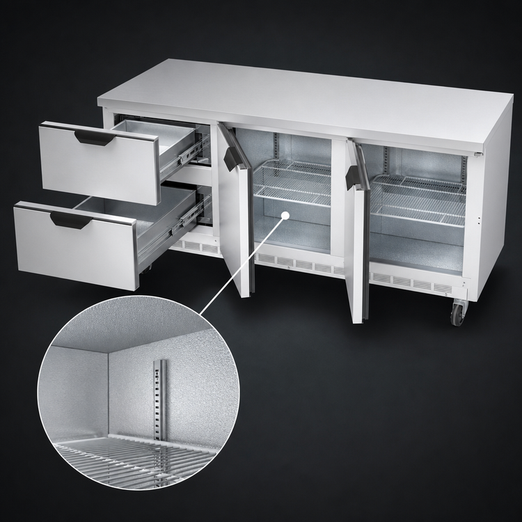 Product image #4 for Beverage-Air 72-Inch Three-Section Worktop Refrigerator with 2 Drawers and 2 Doors, Flat Top