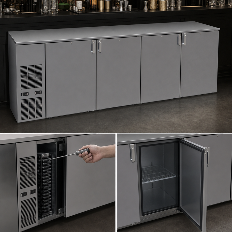 Product image #4 for Glastender Two-Zone Front-Serviced Bar Profile Back Bar Cooler, 108 Inch, 4-Section, Self-Contained