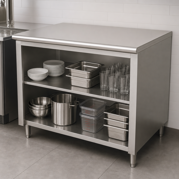 Product image #4 for Advance Tabco 108-Inch Open Front Cabinet Base Underbar Work Table with Mid-Shelf and 14 Gauge 304 Stainless Steel Top
