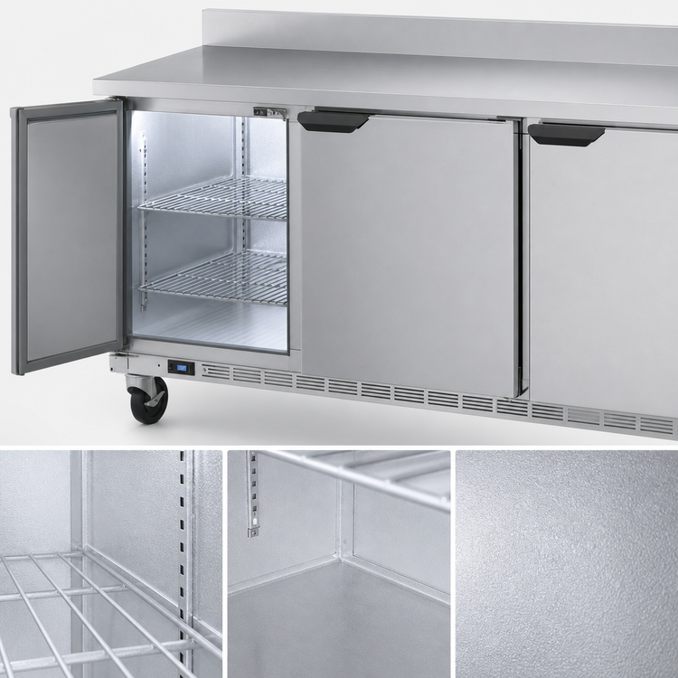 Product image #4 for Beverage-Air 72-Inch Three-Section Worktop Refrigerator with Solid Doors and Foamed-In-Place Backsplash