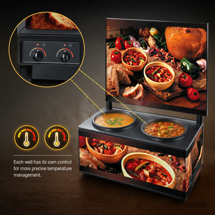 Product image #4 for Cayenne® Twin Well Soup Merchandiser with Menu Board and Country Kitchen Graphics