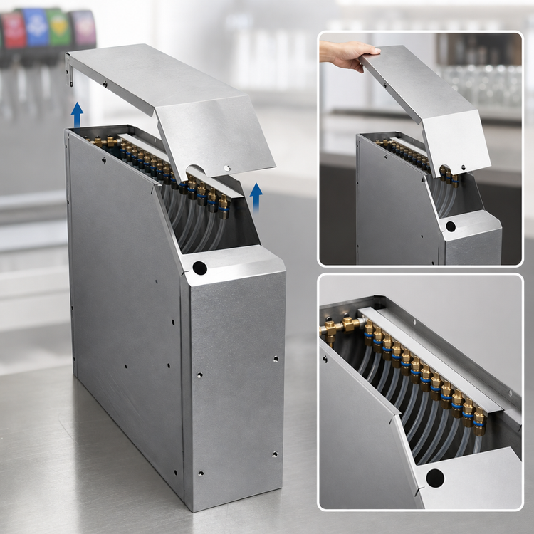 Product image #4 for CHOICE Underbar Stainless Steel Soda Manifold Housing for 8-14 Button Manifolds, 4 x 19 x 18 Inches