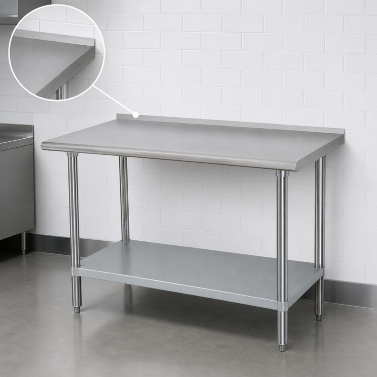 Product image #4 for Advance Tabco 84-Inch x 36-Inch 16-Gauge 430 Stainless Steel Work Table with 1-1/2-Inch Rear Up-Turn and Galvanized Undershelf