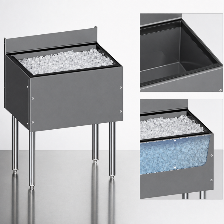 Product image #4 for CHOICE Extra Deep 48-Inch Stainless Steel Underbar Ice Bin with Open-Channel Backsplash, 185 lb. Capacity