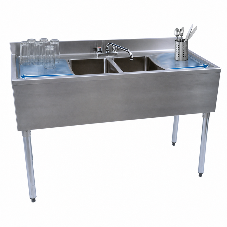 Product image #4 for BK Resources Two-Compartment Underbar Sink with Dual Drainboards and Faucet, 48 Inch Wide