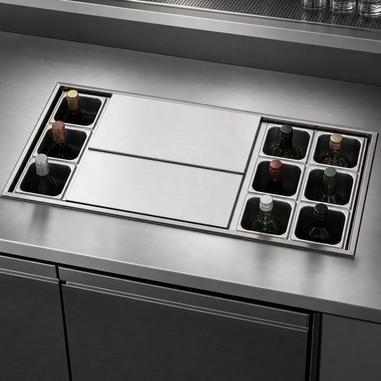 Product image #4 for Top Shelf 9-Bottle Underbar Bottle Well With 2-Piece Stainless Steel Sliding Cover, 36 Inch