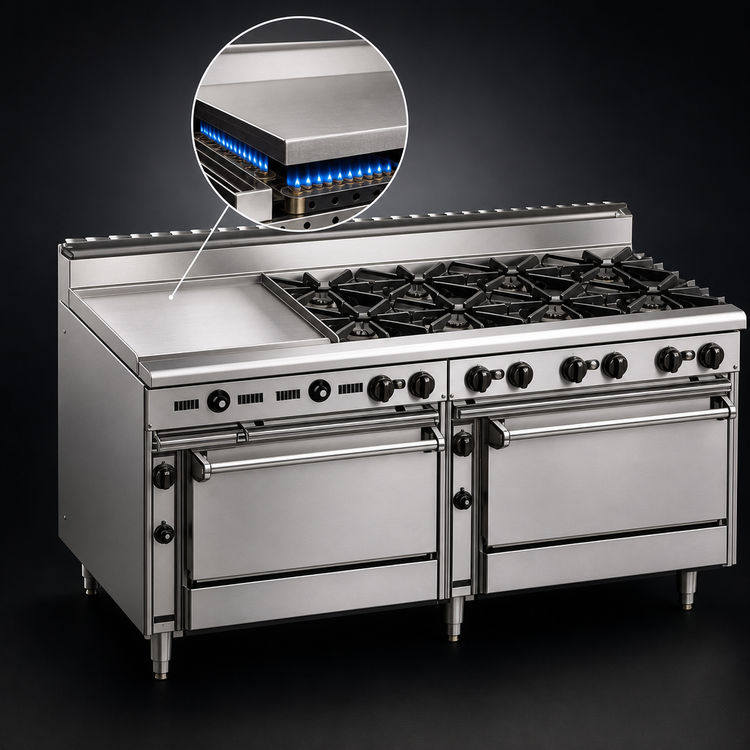 Product image #4 for Jade Bistro 72-Inch Shallow-Depth Heavy-Duty Gas Restaurant Range with 8 Open Burners, 24-Inch Griddle, Standard Oven and Convection Oven