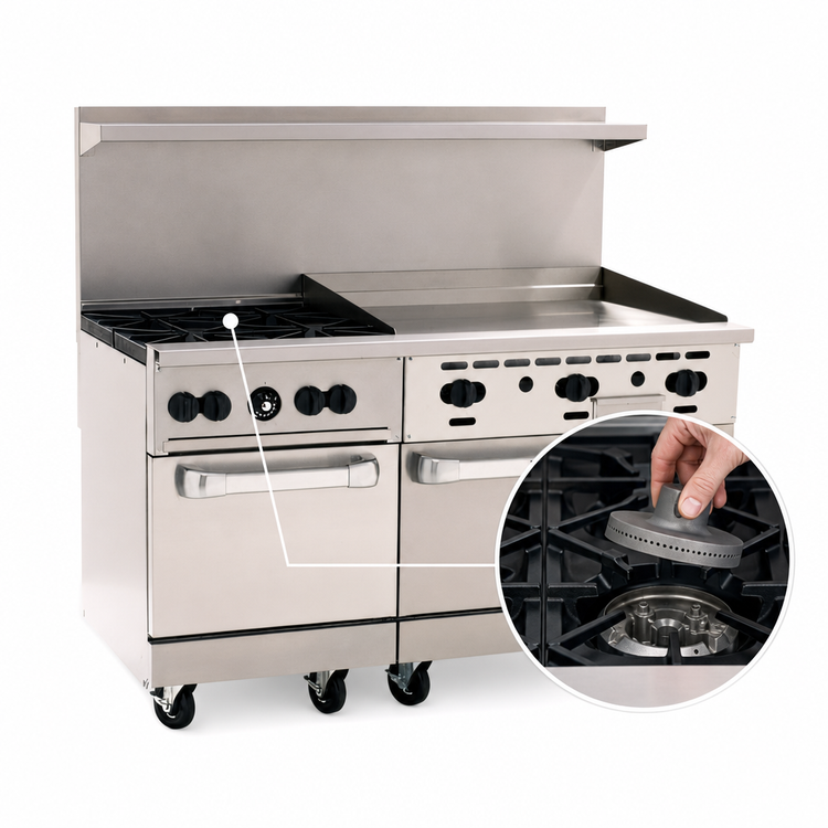 Product image #4 for Vulcan Endurance 60-Inch Gas Restaurant Range with 4 Open Burners, 36-Inch Griddle, and 2 Standard Oven Bases