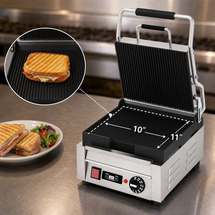Product image #4 for Omcan Single Commercial Panini Press with Grooved Cast Iron Plates, 10 x 11 Inch Cooking Surface, 120V