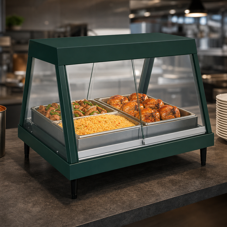 Product image #4 for Hatco Glo-Ray Full-Service Countertop Heated Display Case, 3-Pan, Straight Glass Front, Humidity, Rear Sliding Doors