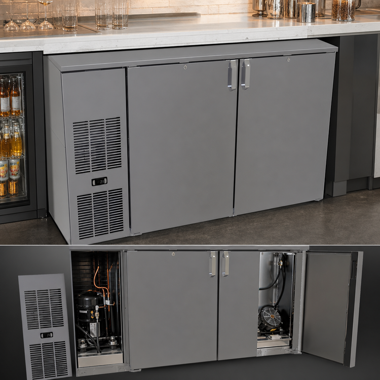 Product image #3 for Glastender Pass-Thru Front-Serviced Back Bar Cooler, 60 Inch, Two-Section, 4-Door