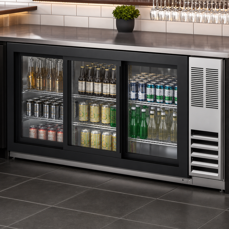 Product image #4 for Beverage-Air BB72HC-F-GS-S 72 Inch Three-Section Food-Rated Stainless Steel Back Bar Refrigerator with Sliding Glass Doors