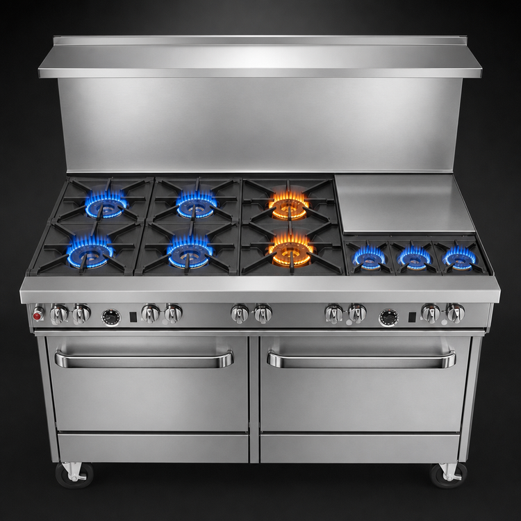 Product image #4 for Southbend Ultimate 60-Inch Gas Restaurant Range with 9 Open Burners, 2 Cabinets, and Hi-Shelf