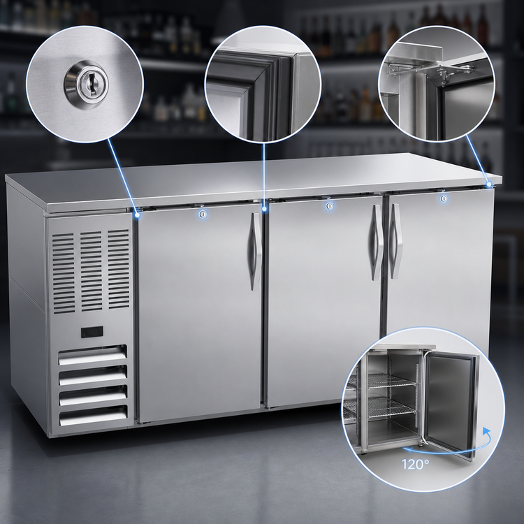 Product image #4 for Beverage-Air 72-Inch Three-Section Food-Rated Back Bar Refrigerator with 3 Solid Doors, Stainless Steel
