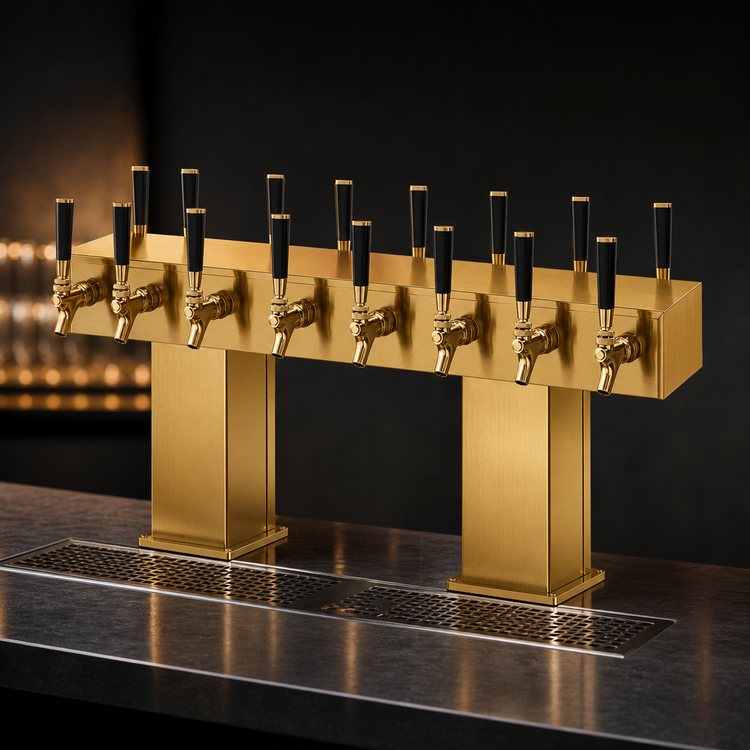Product image #4 for Perlick Back-to-Back Bridge Tee Countertop Extra High Glycol-Cooled Draft Beer Tower, 16 Faucets, Brass Finish
