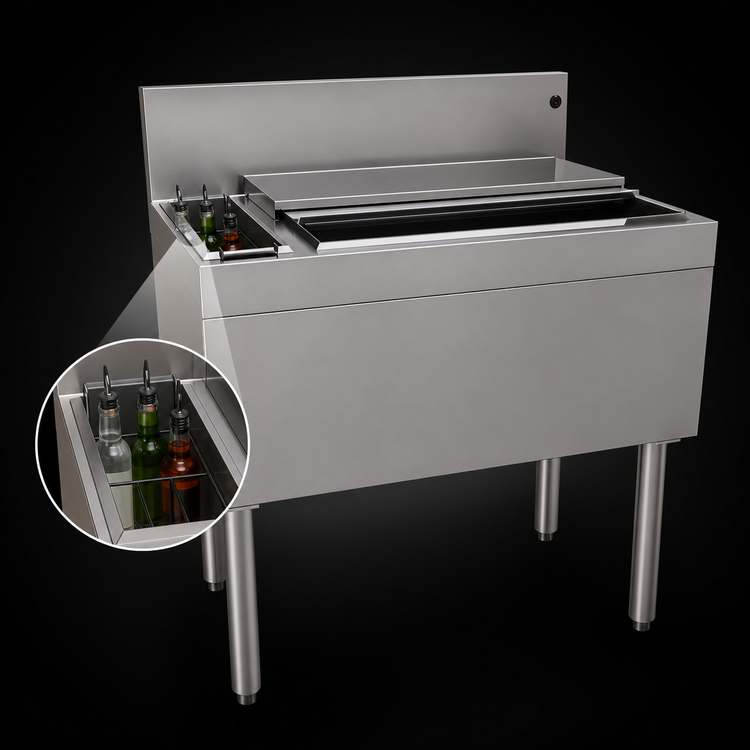 Product image #4 for Glastender 30-Inch Underbar Stainless Steel Combo Ice Bin/Cocktail Unit with Left 3-Bottle Storage and 10-Circuit Cold Plate