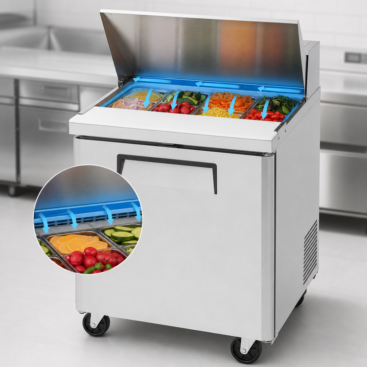 Product image #4 for Turbo Air M3 Series Sandwich/Salad Prep Table Refrigerator, 27.5 Inch, 1 Door, 8-Pan Top, Rear-Mount Self-Contained