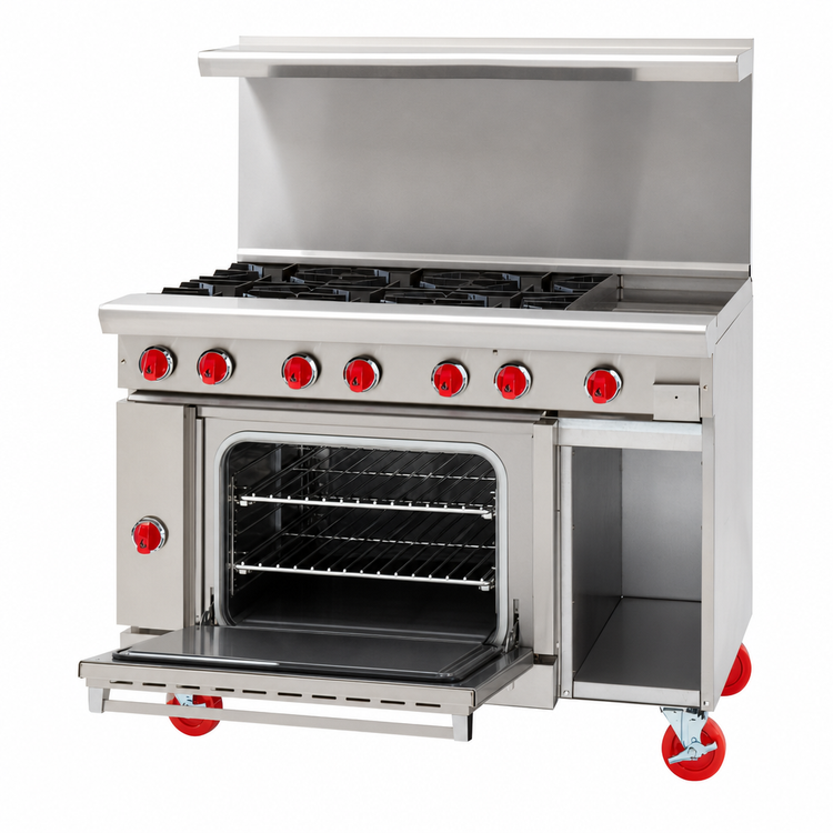 Product image #4 for American Range 48-Inch 8-Burner Gas Restaurant Range with 26-1/2-Inch Standard Oven Left and 11-Inch Storage Base Right
