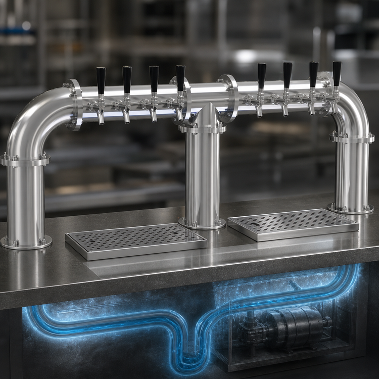 Product image #4 for Glastender Pipe Bridge Draft Dispensing Tower, Countertop, 8 Faucets, 3 Columns, Glycol-Cooled, Stainless Steel Finish