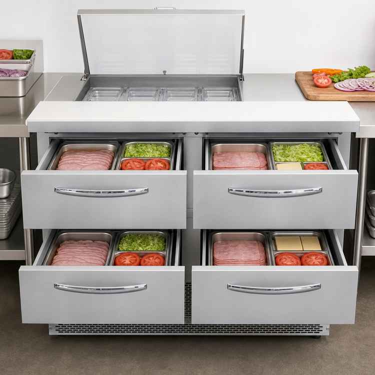 Product image #4 for Mighty Top SW48N12M-FB-D 48 Inch Two-Section Front Breather Refrigerated Sandwich Prep Table with Drawers