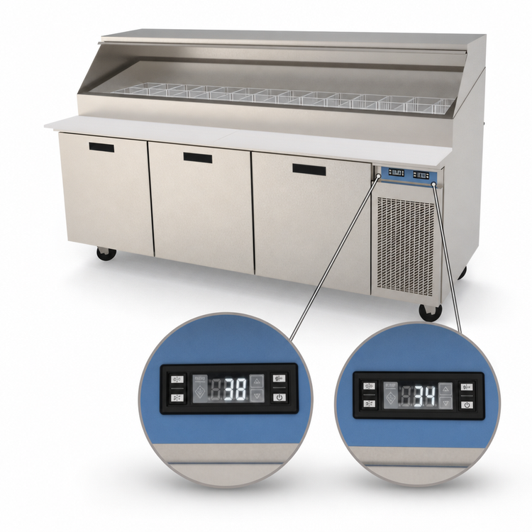Product image #4 for Randell 95-Inch Three-Section Refrigerated Raised Rail Prep Table, 42 1/6-Pan Capacity, Self-Contained R290, Compressor Right