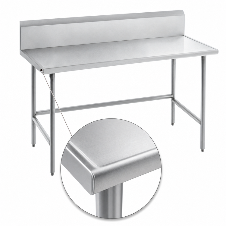 Product image #4 for Advance Tabco 108-Inch x 36-Inch 14 Gauge 304 Stainless Steel Work Table with No-Drip Edge and 10-Inch Backsplash, Galvanized Open Base