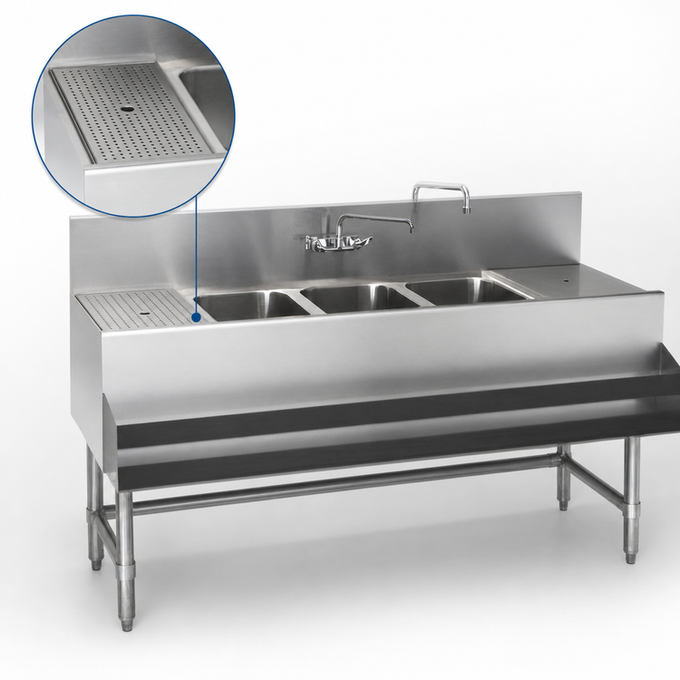 Product image #4 for Spec-Bar 72-Inch Left Drainboard Three-Compartment Underbar Sink Unit, 24-Inch Deep