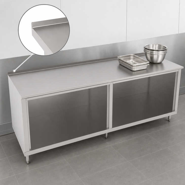 Product image #4 for 132 x 30 Inch Open Front Cabinet Base Work Table with 16-Gauge 300 Series Stainless Steel Top and 1-1/2 Inch Rear Riser