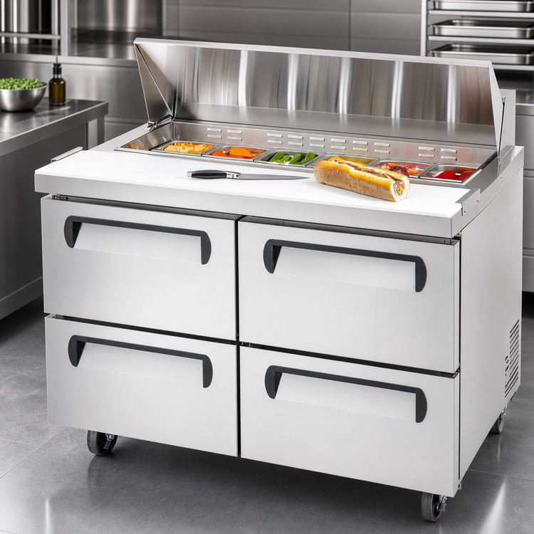 Product image #5 for Migali Competitor Series 67-Inch 4-Drawer Pizza Prep Table with Self-Contained Side-Mount Refrigeration