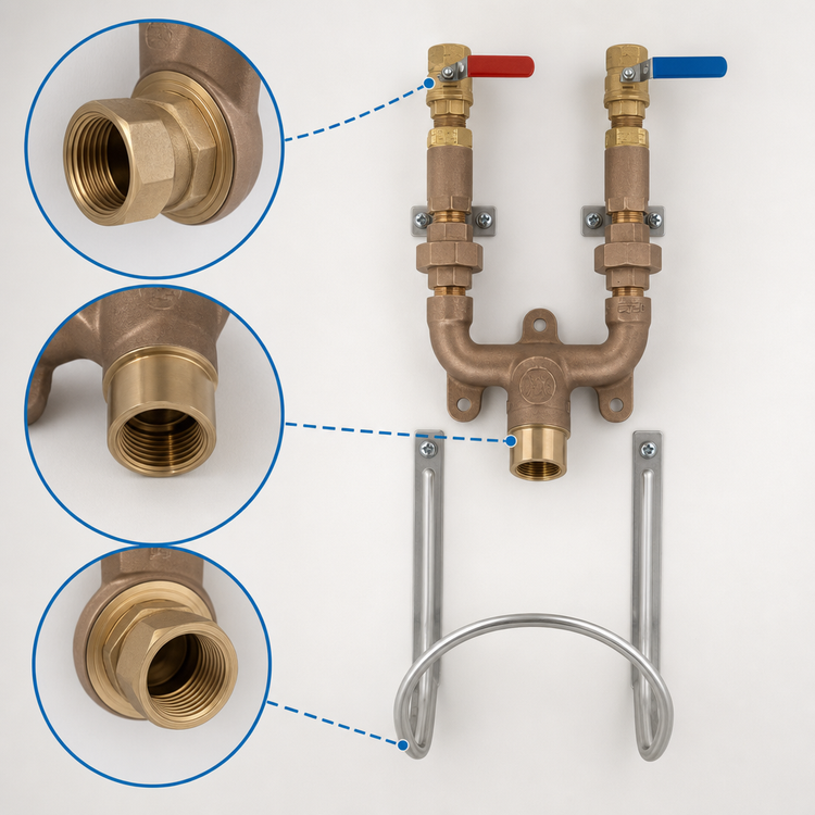 Product image #4 for Wall-Mounted 3/4 Inch NPT Mixing Valve Assembly with Check Valves, Ball Valves, and Stainless Steel Hose Rack