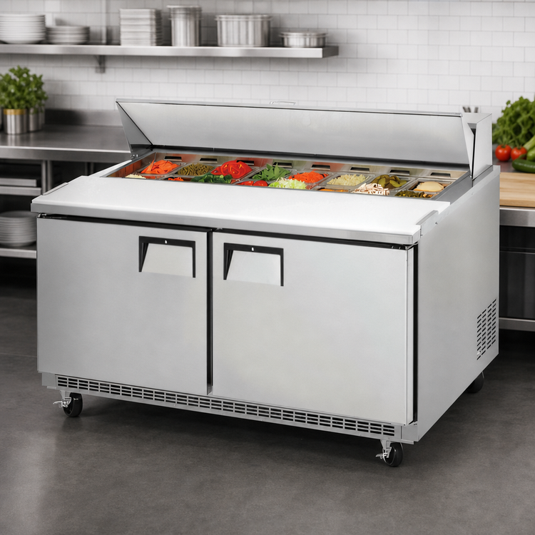Product image #4 for Everest Refrigeration 59-1/8 Inch Two-Section Sandwich Prep Table with Rear-Mounted Self-Contained Refrigeration and 16-Pan Top
