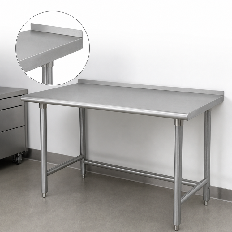 Product image #4 for Advance Tabco 144" x 24" 16-Gauge 430 Stainless Steel Work Table with 1-1/2" Rear Up-Turn and Galvanized Open Base