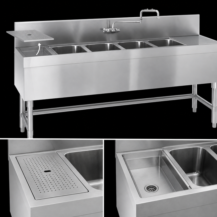 Product image #4 for Spec-Bar Four-Compartment Underbar Sink Unit with Left Drainboard, 66 Inch Wide x 19 Inch Deep